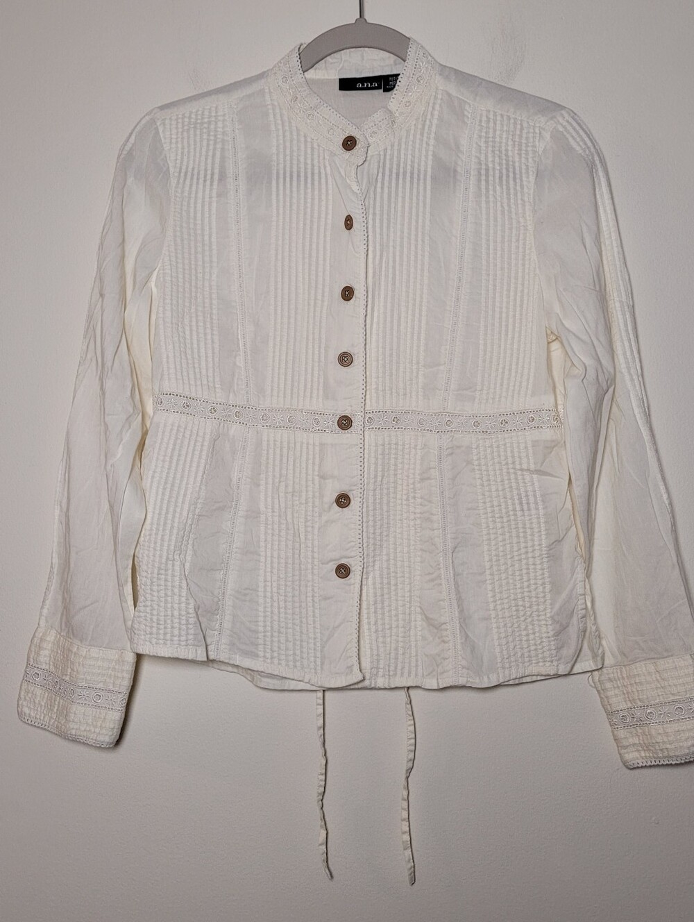 a.n.a Cream Pintuck Lace-Trim Button-Front Blouse Size MP Cottagecore Prairie